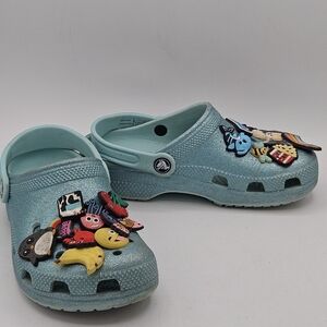 Blue Glitter Crocs With Assorted Jibbetz Size 2